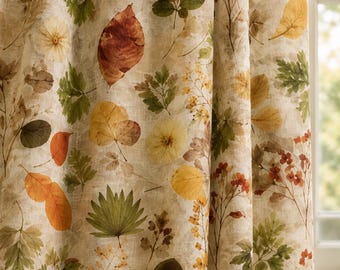 Autumn Botanical Linen Curtain, Vintage Leaf Floral Drapes, Rustic Farmhouse Window Panel