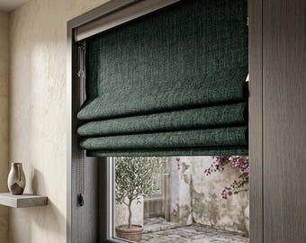Dark Green Textured Woven Linen Roman Shade, Custom Window Covering, Modern Rustic Decor