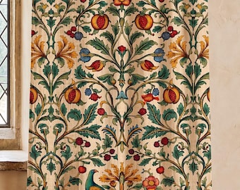 William Morris Bird Linen Curtain, Botanical Floral Arts Crafts Drapes, Cottagecore Decor Panel