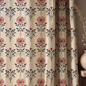Floral Linen Curtains: Red Navy Botanical Print, Farmhouse Style