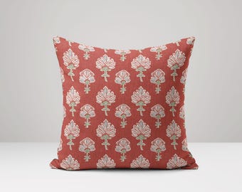 Funda de almohada con estampado de bloques indios: cojín de lino y algodón con estampado floral rojo