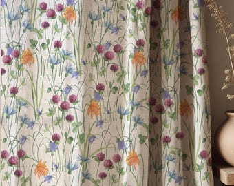 Meadow Wildflower Linen Curtain, Botanical Floral Drapes, Cottagecore Window Panel, Rustic Farmhouse Decor