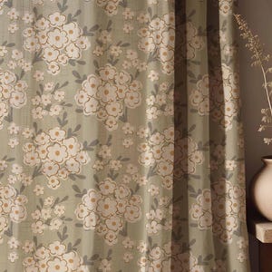 Vintage Blossom Linen Curtains: Sage Green Floral Cottagecore Drapes