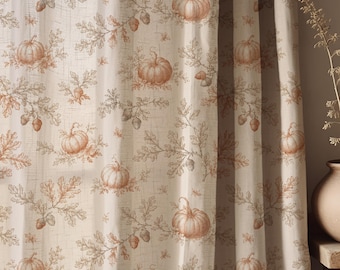 Neutral Pumpkin Oak Leaf Botanical Linen Curtain, Vintage Autumn Cottagecore Drapes