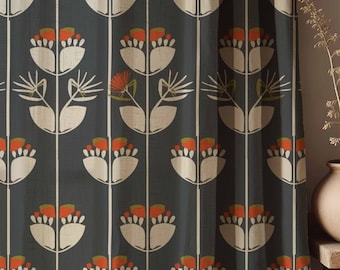 May include: Dark gray curtain panel with a repeating floral pattern. The design features stylized flowers in cream, orange, and green, set against a backdrop of vertical white stripes. The overall aesthetic is modern and botanical.