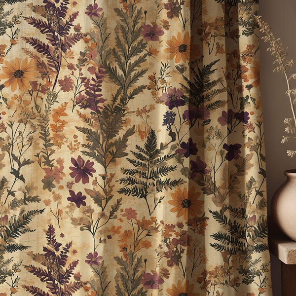 Mustard Floral Linen Curtain – Wild Meadow Yellow Flower Drape for Farmhouse Window Decor