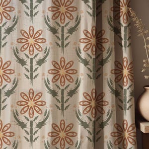 Terracotta Floral Linen Curtain – Cotton Linen Boho Drapery – Handpainted Style Botanical Panel – Earthy Green and Orange Window Curtain