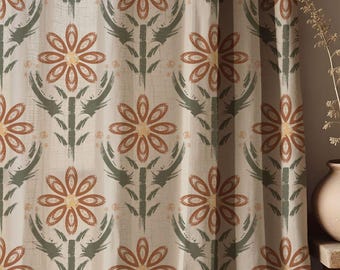 Terracotta Floral Linen Curtain: Handpainted Botanical Boho Drapery