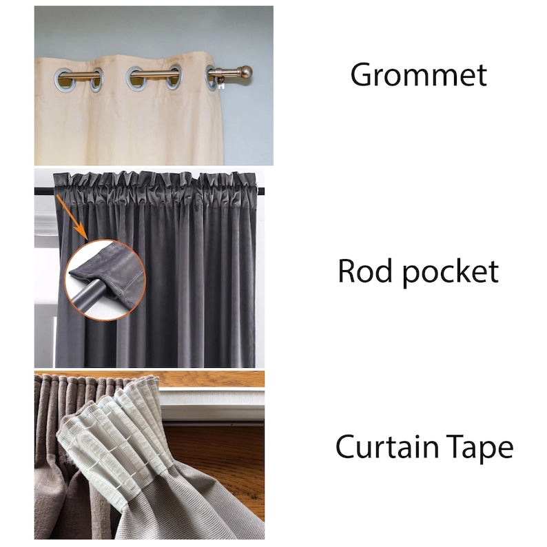 May include: A close-up of three different curtain header styles: grommet, rod pocket, and curtain tape. The grommet style features metal rings for hanging on a curtain rod. The rod pocket style has a sewn-in pocket for the rod to slide through. The curtain tape style has a sewn-in tape with pleats for a more formal look.