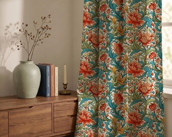 William Morris Style Orange Floral Linen Curtain, Arts and Crafts Botanical Drapes
