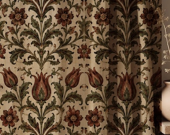 William Morris Style Floral Linen Curtain, Botanical Vintage Drapes, Cottagecore Farmhouse Decor