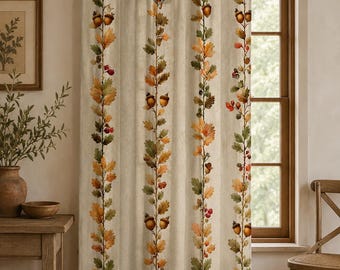 Autumn Oak Leaf Linen Curtain, Botanical Acorn Panel, Rustic Farmhouse Fall Decor