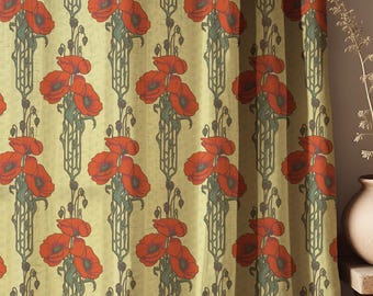 Cortina de lino Art Nouveau con estampado de amapolas: Cortinas botánicas florales rojas