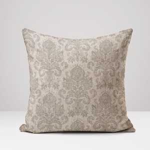 Beige Damask Linen Pillow Cover: Rustic Floral Cushion