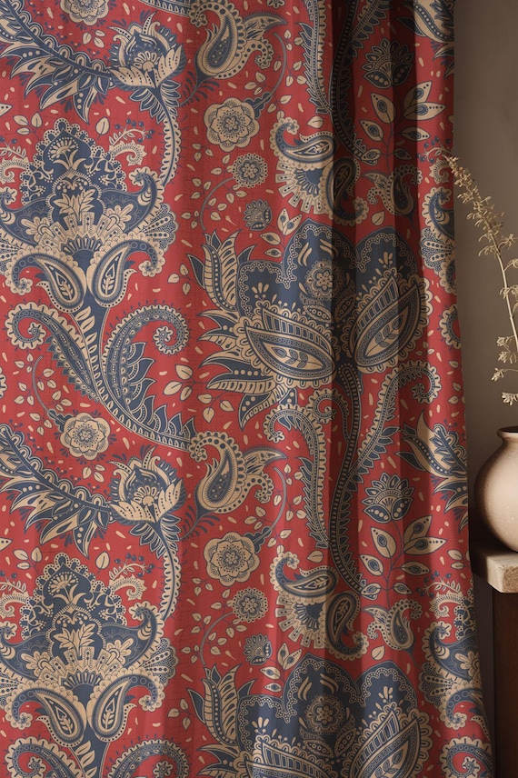 Paisley Drapes: Red and Blue Linen-Blend Curtains, Indian Floral Motif