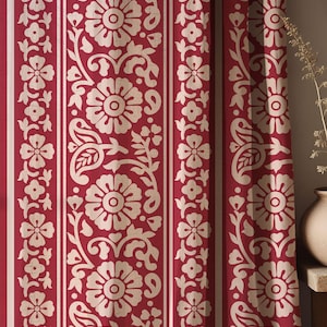 Red Floral Block Print Linen Curtain – Cotton Linen Boho Drapery – Traditional Indian Stripe Panel – Rustic Handcrafted Window Curtain