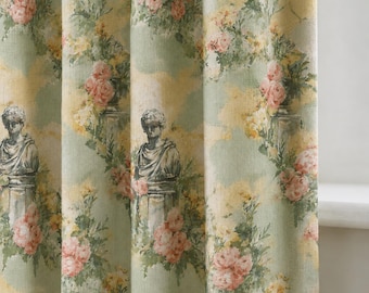 Vintage French Floral Linen Curtain, Rococo Botanical Window Panel, Shabby Chic Drapes, Cottagecore Rose Curtain, Farmhouse Decor