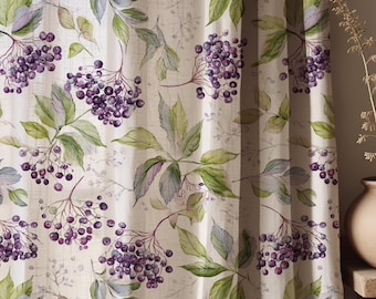 Purple Elderberry Watercolor Botanical Linen Curtain, Cottagecore Floral Window Panel