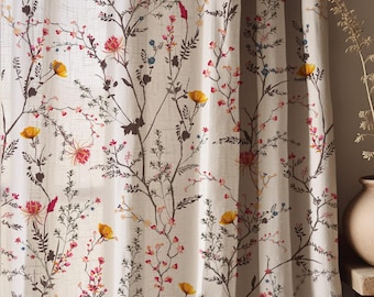 Botanical Linen Curtain Panel, Wildflower Vine Curtain, Cottagecore Floral Drapes, Rustic Farmhouse Window Decor
