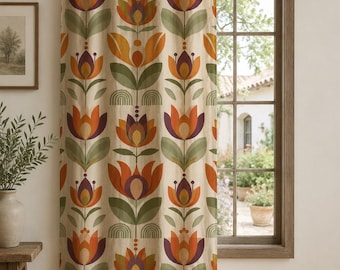 Mid Century Modern Floral Linen Curtains, Retro Tulip Scandinavian Botanical Window Panels
