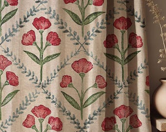 Floral Linen Curtain: Rustic Red & Green Botanical Print