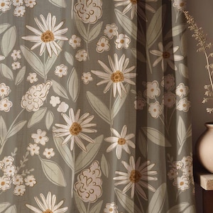 Cortinas de lino con flores silvestres: cortinas florales botánicas verde salvia