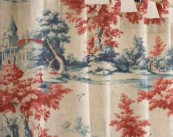 Cotton Linen Red and Blue Toile Curtain, French Country Drapes, Scenic Pastoral Window Panel, Custom Size