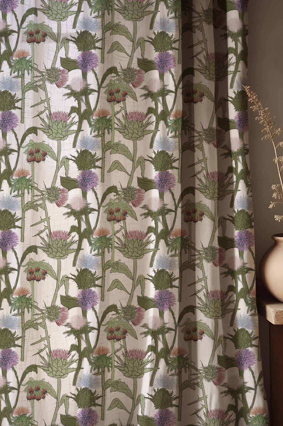 Distle Distle botanische Leinen Vorhang Panel, neutrale Wildblumen Print ...
