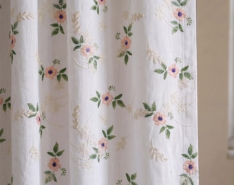Embroidered Linen Floral Curtain Panel, Cottagecore Light Filtering Drapes