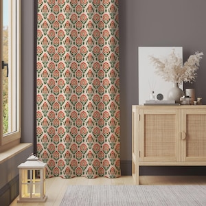 Vintage Floral Curtain – Red and Green Patterned Drapes, Classic Botanical Window Panel for Living Room & Bedroom
