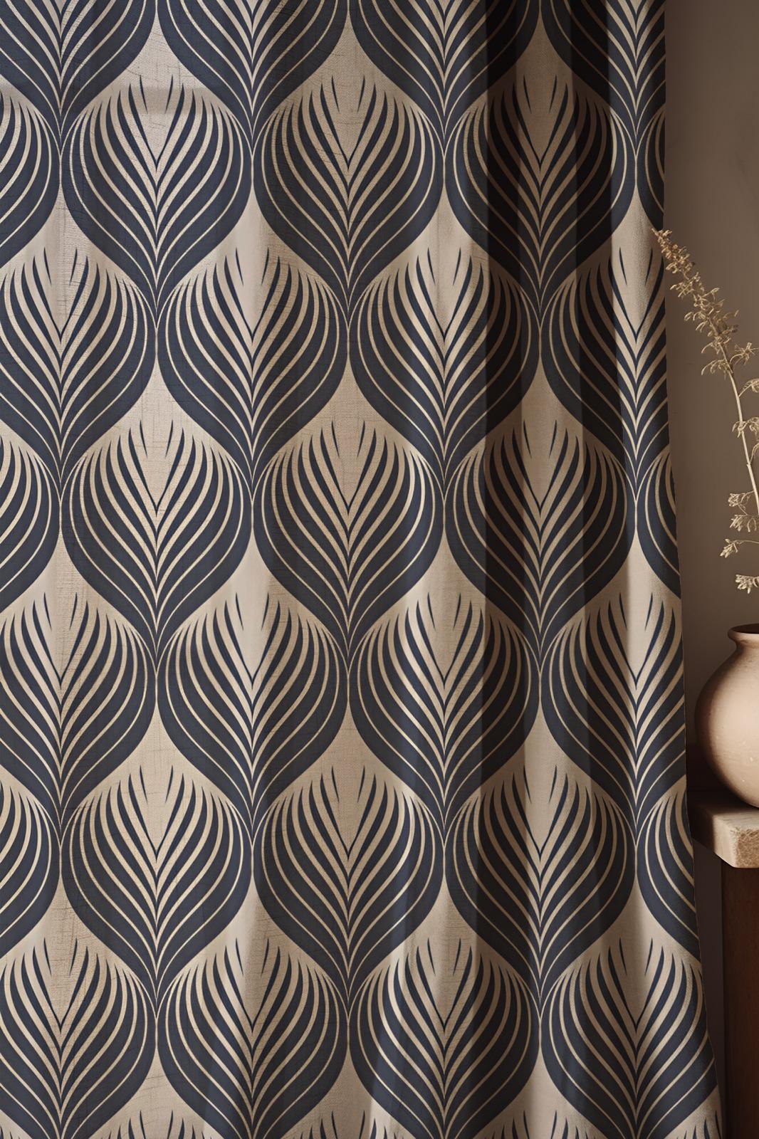 Art Deco Linen Curtain: Navy Beige Leaf Print, Geometric Drapes