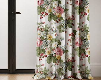 Floral Linen Curtain, Cottage Garden Botanical Drapes, Romantic Shabby Chic Drapery