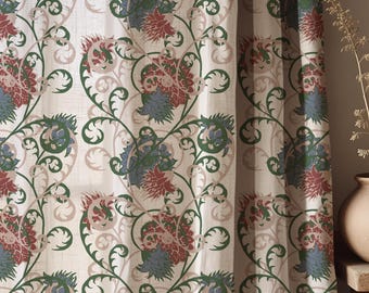 William Morris Style Floral Linen Curtain, Botanical Vintage Drapery, Cottagecore Home Decor