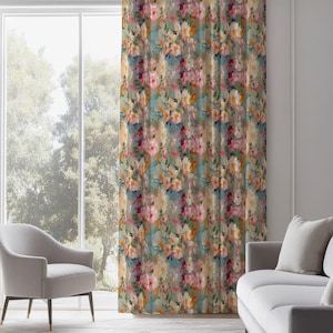 Watercolor Floral Curtain: Linen Cottagecore Window Panel