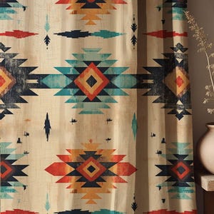 May include: Beige fabric shower curtain with a geometric pattern in shades of red, orange, blue, and black. The pattern is reminiscent of Native American art.