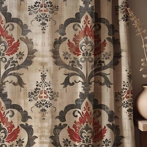 Vintage Damask Linen Curtains - Rustic Red & Black Floral Drapes - Boho Farmhouse Window Treatment
