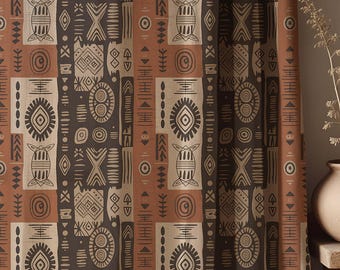 African Tribal Linen Curtain, Geometric Boho Earth Tone Drapes, Custom Size Window Panel