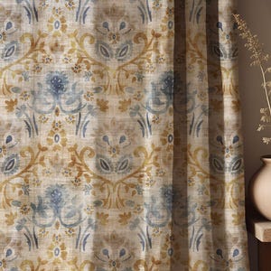 Cortinas florais de linho e algodão em aquarela: estilo vintage azul e dourado