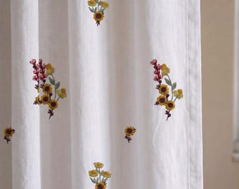Embroidered Linen Floral Curtain Panel, Light Filtering Drapes, Cottagecore Window Treatment