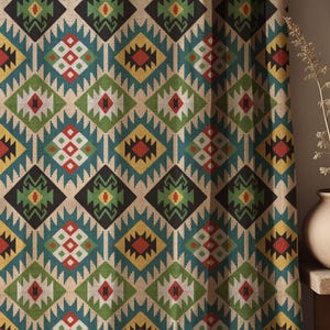 Geometric Kilim Curtain: Tribal Aztec Boho Linen Window Panel