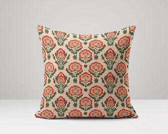 Funda de almohada con estampado floral rojo: cojín de lino y algodón indio