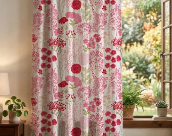 Pink Floral Linen Curtain Panel, Botanical Drapes, Custom Window Treatment