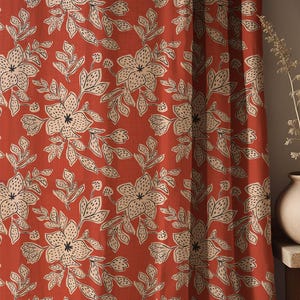 Terracotta Floral Linen Curtain – Bold Cream Flower Print Drapery – Boho Botanical Window Panel in Natural Linen Fabric