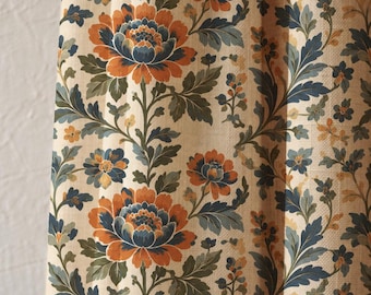 William Morris Style Floral Linen Curtain, Botanical Blue Orange Window Panel