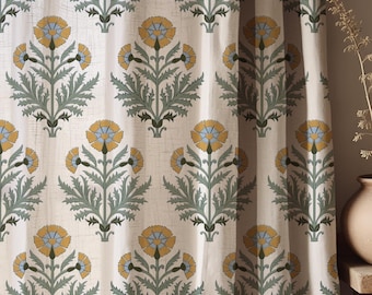 Floral Curtain Panel, Botanical Yellow Green Drapes, Cottagecore Boho Decor
