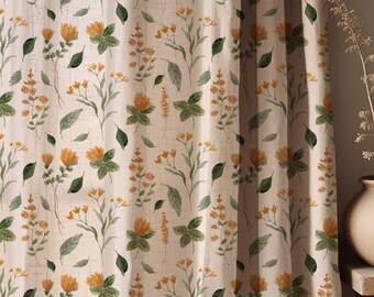 Botanical Floral Linen Curtain Panel, Cottagecore Window Treatment, Farmhouse Drapes