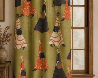 Mid Century Modern Retro Women Print Linen Curtain, Boho Grommet Drapes