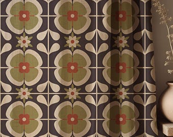 Cortina de lino con estampado floral retro: Cortinas verde oliva y rojo óxido de los años 70
