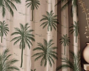 Tropical Palm Tree Linen Curtains: Coastal Beach House Decor