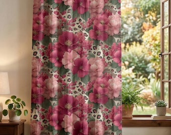 Pink Floral Leopard Print Curtain Panel, Boho Chic Botanical Drapes